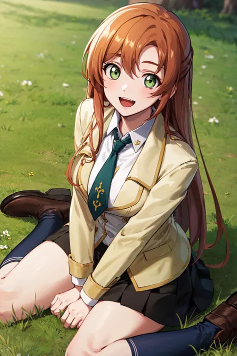 masterpiece, best quality, highres, hmshir, long hair, green eyes, school uniform, yellow jacket, necktie, black skirt, pleated skirt, <lora:shirley_fenette_v1:0.6>, field, wariza, sitting, smile, open mouth,