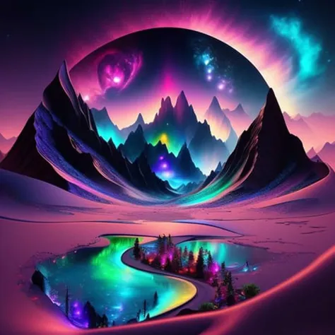 a surreal landscape with a mountain and a river in the middle of it, with a sky filled with stars and planets , chaingirldark st...