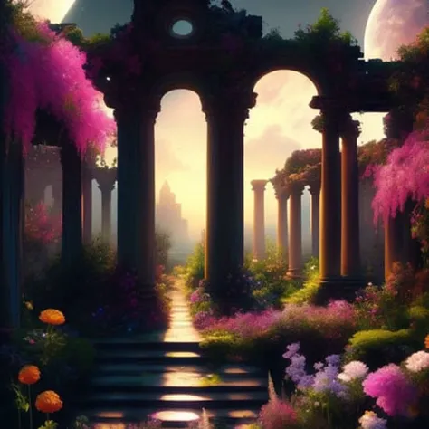 a painting of a garden with flowers and ruins in the background at night time with a full moon in the sky , chaingirldark style ...