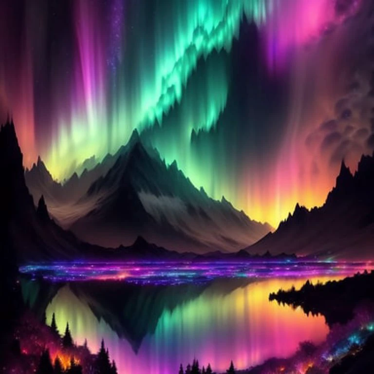 a painting of a mountain with a lot of aurora lights in the sky above it and a lake below , chaingirldark style ultra detailed, ...