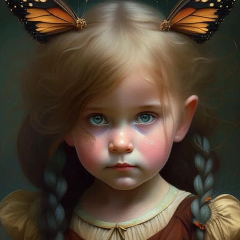 a painting of a little girl with a bird on her shoulder and a butterfly on her shoulder, with a dark background , chaingirldark ...