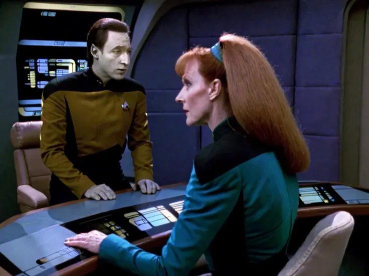 Star Trek TNG, TV Still, Data wearing a yellow starfleet uniform, talking to crusher, crusher is wearing a blue starfleet uniform, crusher is facing away from camera, and sitting behind a desk on the right side of the frame <lora:StarTrekTNG-v7:1>