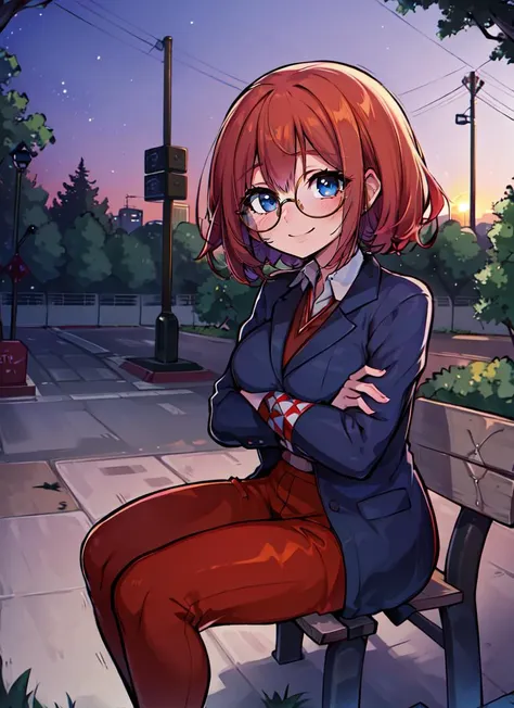 anime girl sitting on a bench in a city park