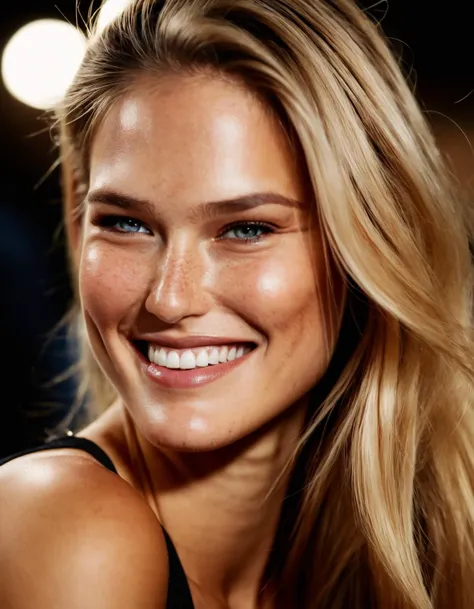 a close up of a woman with long hair smiling at the camera