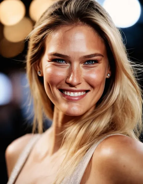 a close up of a woman with long blonde hair smiling