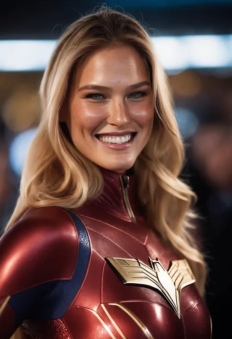 a woman in a red and gold costume smiles at the camera