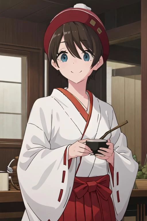 best quality, masterpiece, highres, solo, {white kimono:1.35}, {red hakama:1.35}, {wide sleeves:1.20}, {saito_ena_yurucamp:1.15}, blue_eyes, short_hair, smile, brown_hair, black_hair, hat, closed_mouth