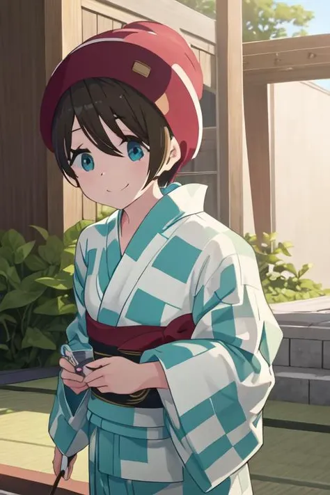 best quality, masterpiece, highres, solo, {yukata:1.40}, {kimono:1.20}, {saito_ena_yurucamp:1.15}, blue_eyes, short_hair, smile, brown_hair, black_hair, hat, closed_mouth