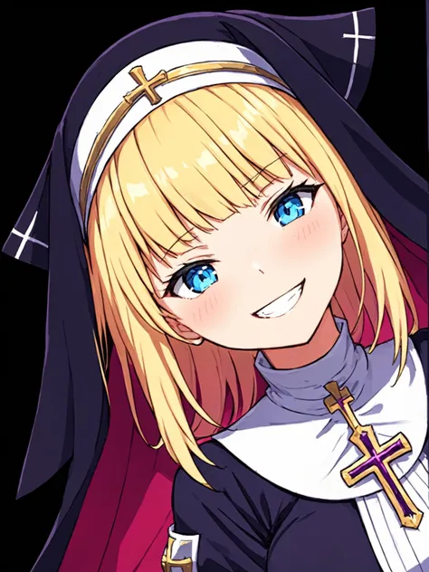 a girl with blonde hair and blue eyes wearing a nun outfit