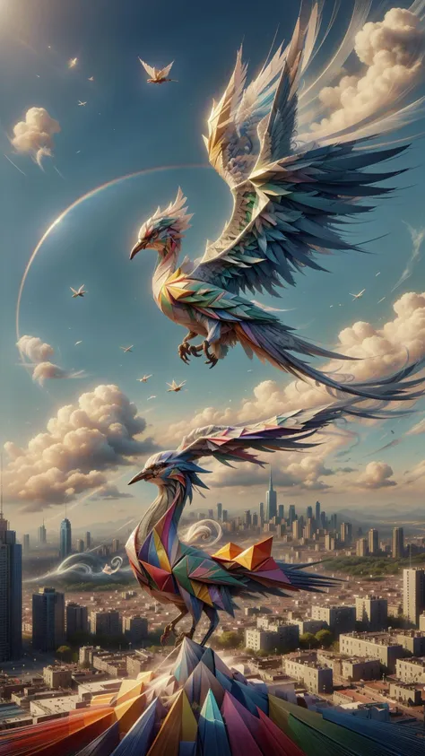 <lora:ElementWind:1.0> ElementWind a prism refracting light into a spectrum of different cityscapes,Realistic oil painting of an origami crane soaring in the wind, blue sky background, white clouds, bright sunlight, detailed feathers, soft shadows, texture...