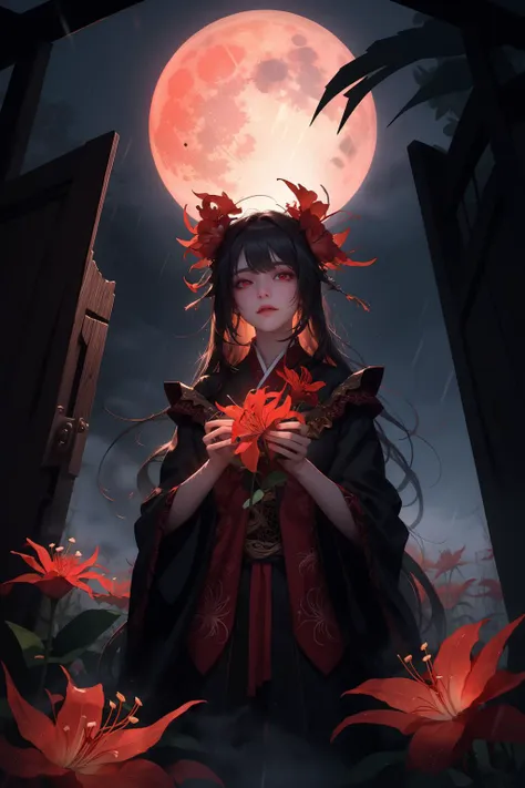 a woman in a red dress holding a flower in front of a full moon