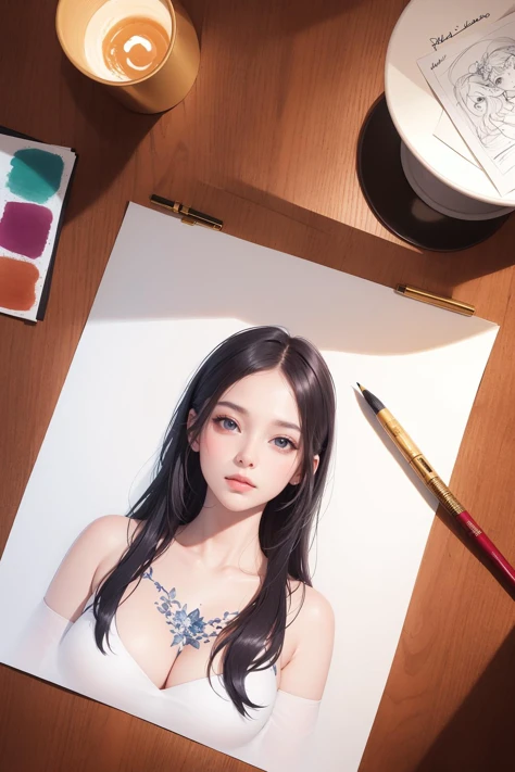 Masterpiece,high quality,beautiful wallpaper,16k,photo shoot,1girl,solo,ink stain,ink wash painting,((paper)),holding paper,((drawing girls on paper)),pencil,