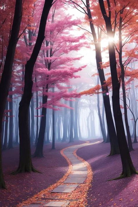 A scene full of fantasy. It shows a winding path through a forest bathed in red and purple light. The trees looked so old and twisted that their branches stretched out as if they were touching each other to form an arch,
Among the trees,some luminous objec...