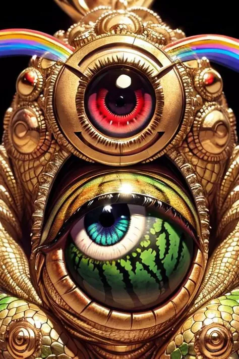 golden tear, hyperdetailed, realism, rainbow, big eye, happy watermelon lizard eye, eyeart, gold treasure, EyeD, quality