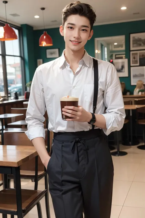 young man,cafe,date,light smile,