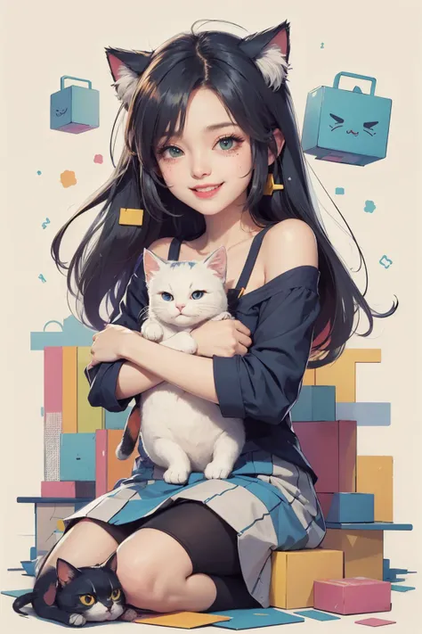 1girl,cute,cat ear,cat tail,cute face,cat,multicolored_skirt,wardrobe_malfunction,off-shoulder_shirt,kneeling,holding a white cat,happy,laughing,