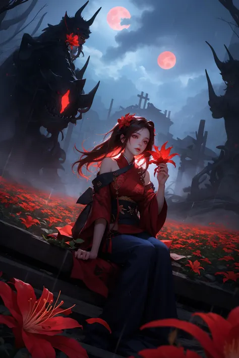 a woman sitting on a bench in front of a red flower