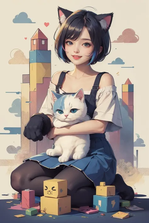 1girl,cute,cat ear,cat tail,cute face,cat,multicolored_skirt,wardrobe_malfunction,off-shoulder_shirt,kneeling,holding blue cat,happy,laughing,british shorthair cat,