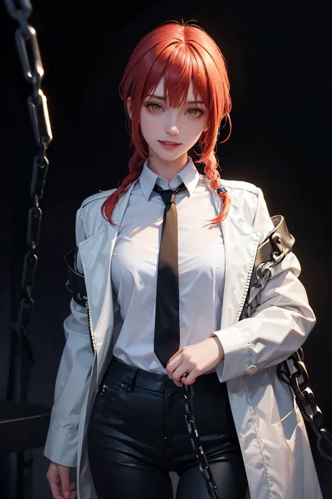 there is a woman with red hair and a tie posing