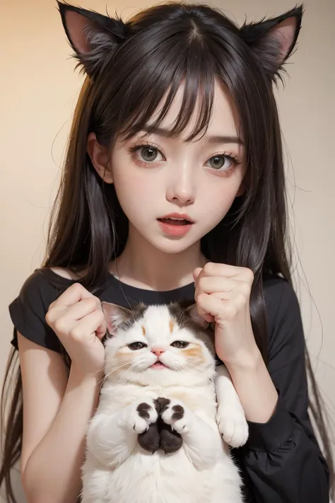 a close up of a person holding a cat with a cat ear