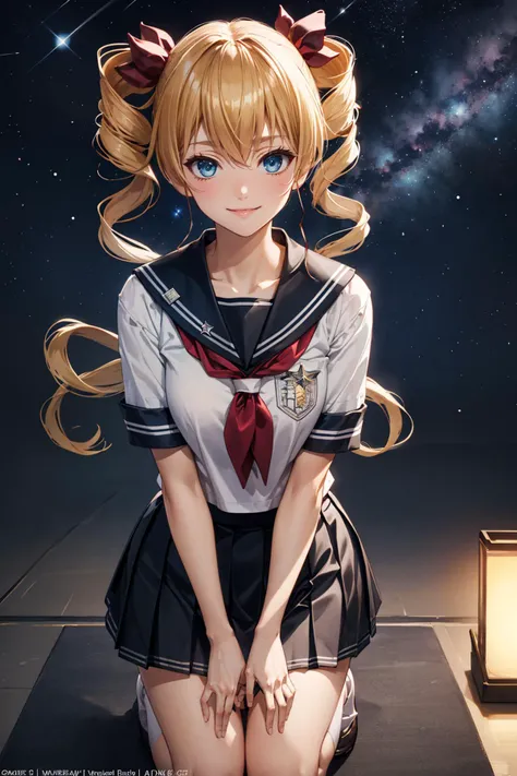 ((masterpiece)), (best quality), official art, extremely detailed CG, unity 8k wallpaper, ultra detailed,
aaharvey, long hair, twintails, twin drills, hair ribbon, 
school uniform, serafuku, white shirt, short sleeves,  white colloar, red collar ribon, nav...