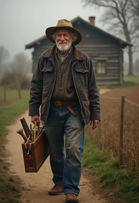 an elderly carpenter walks along a winding dirt path, his worn denim jeans and faded woolen shirt fluttering gently in the morni...