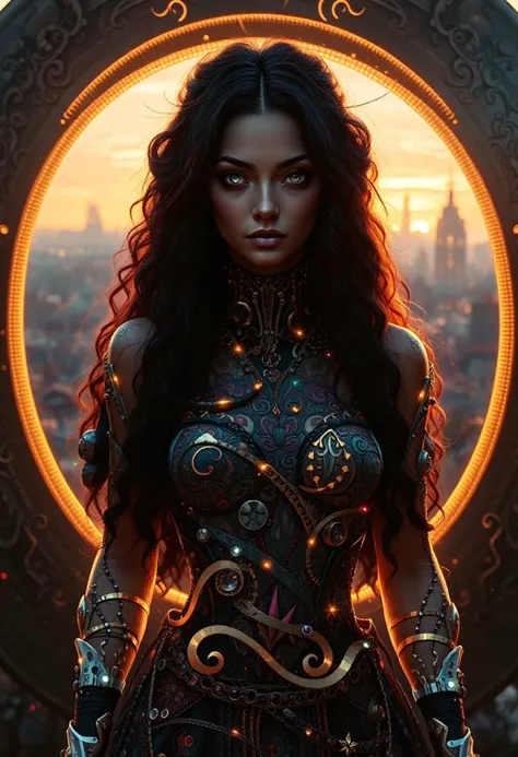 gypsypunk style, sunset a sliver of the sun is barely above the horizon still, a cybernetic gypsy woman, sleek high-tech vardo b...