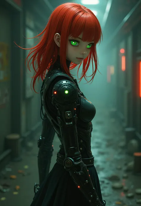 a brooding atmosphere of a dystopian semi-realistic anime world. the young cyborg woman stands tall, head turned toward viewer, ...