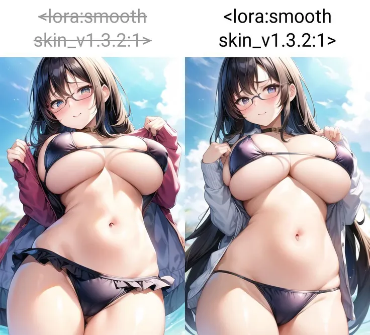 <lora:add_brightness:0.5><lora:add_detail:0.5>1 woman, large breast, embarrassed ,blush, forehead,  black hair,  glasses,
blue bikini,standing,stomach focus, 
cowboy shot,  from below,