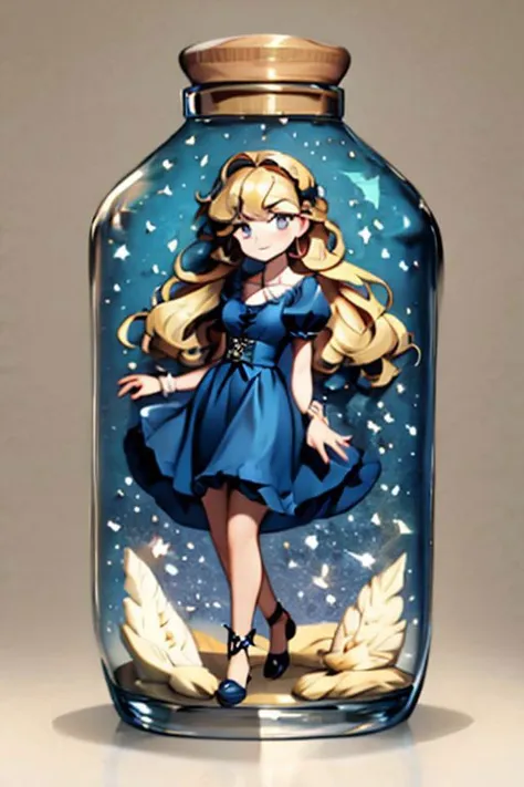 a close up of a bottle with a girl inside of it