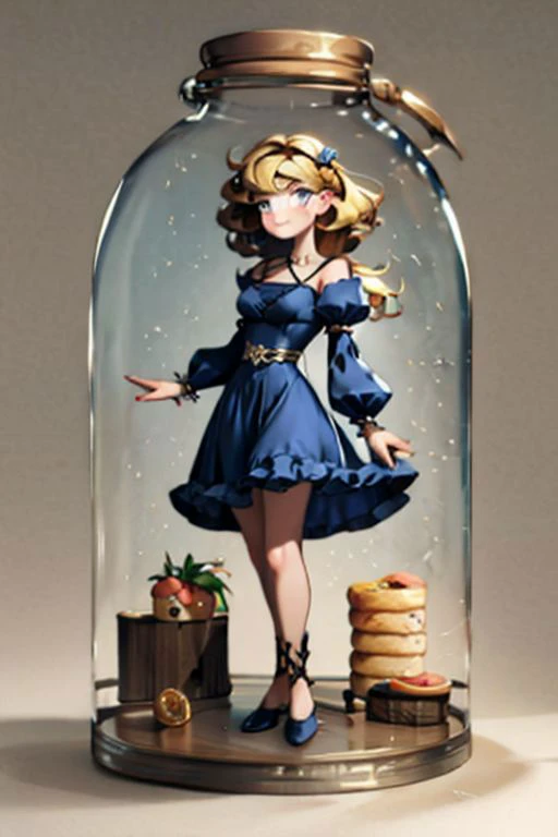 a close up of a glass jar with a woman in a dress