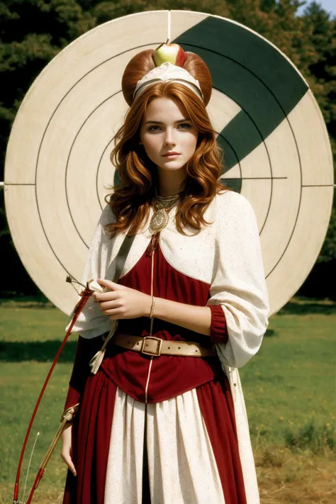 arafed woman in a red and white dress holding a bow and arrow