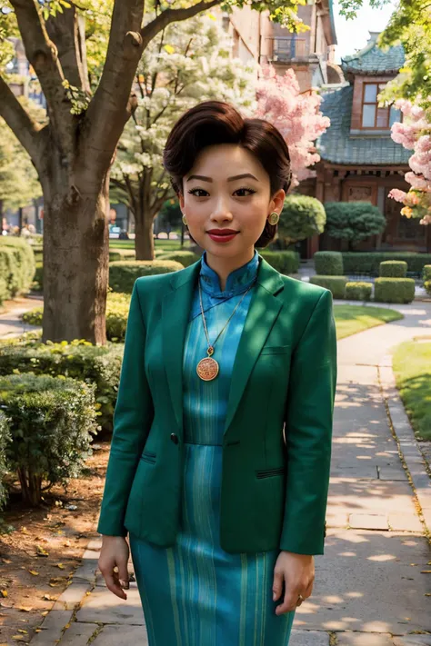 arafed woman in a green suit and blue shirt standing on a sidewalk