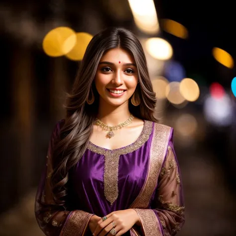 a professional portrait photo of a 20 year old woman, pralyco <lyco:pralycoLoCon:1>,  with light brown eyes, ((night time)), ((Face only, head shot)), indian purple salwar with intricate details, stunning clarity, hair running across face, big smile, looki...