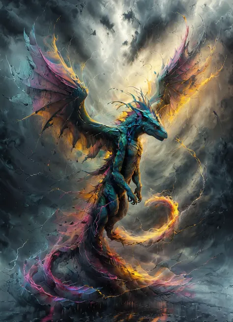 action scene of an agile artdrgn flying through a stormy sky, dark clouds, storm, heavy rain, scales, wings, in motion, motion blur, speed, fantasy,
 <lora:artfullyDRAGON:1> <lora:ArtfullyME_SDXL__v1:0.8> Artme