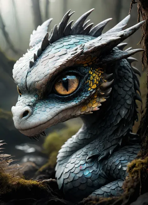 close-up portrait of a artdrgn with big eyes which reflect the surroundings, scales, coloful, dark forest, 
 <lora:artfullyDRAGON:1>