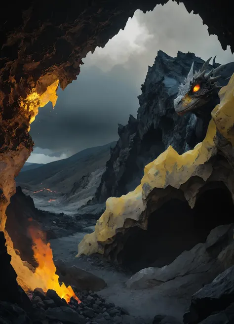 close-up of a dark cave entrance with an inposing artdrgn emerging, mountains, dark sky, fire, ash and sulfur
 <lora:artfullyDRAGON:1>