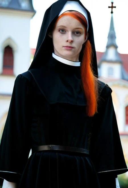 young 20 years old woman wearing a sexy nun dress, she has red hair falling down her shoulders, the background is blurred but there is a church with intricate details