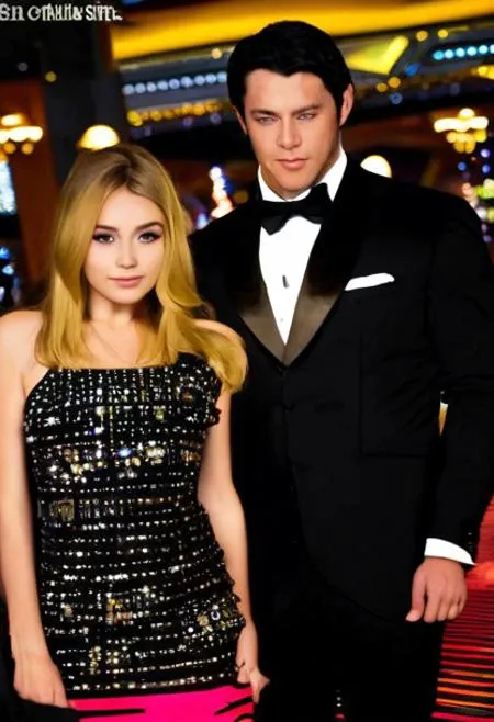 young 20 years old woman wearing a popstar dress with a man in a tuxedo next to her, the woman has blonde hair falling down her shoulders while the man has black hair, the background is blurred but there is a casino with intricate details