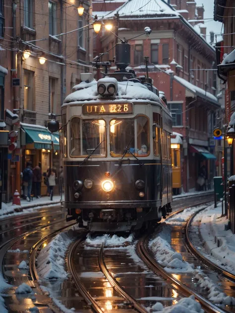 snow, tram, street, (masterpiece),((ultra-detailed)), (highly detailed CG illustration),(expressionless), (best quality:1.2), High quality texture, intricate details, detailed texture, High quality shadow, Cinematic Light, Depth of field, light source cont...