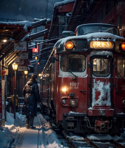 dark night, dark theme, heavy snowing, platform, red train, (masterpiece),((ultra-detailed)), (highly detailed CG illustration),(expressionless), (best quality:1.2), High quality texture, intricate details, detailed texture, High quality shadow, Cinematic ...