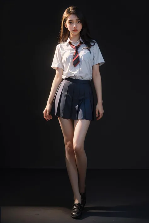 Best quality, masterpiece, ultra high res, (photorealistic:1.4), raw photo,(slender legs) (perfect body shape),dynamic pose,1girl,solo, school uniform, in the dark, dark classroom, deep shadow, low key, cold light 12000K <lora:oc_v10:0.5:BODY> <lora:film:1...