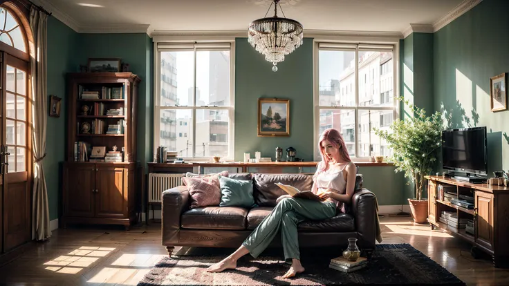 arafed woman sitting on a couch in a living room reading a book