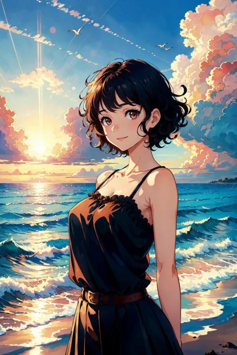 masterpiece, best quality, illustration,  volumetric lighting, symmetry,  1girl, upper body, looking at viewer, light smile, brown eyes, black hair, short curly hair, camisole, skirt, belt, hands behind back, sunlight, ocean, beautiful cloudy sky