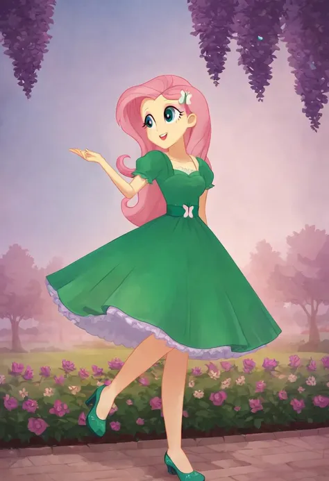 (Masterpiece, best quality:1.2), score_9, score_8_up, flat color, flat shading, soft shading, lighting, Fluttershy in a 1950s dark green dress, a fluffy frilly ruffled full petticoat, and dark green high heels, dress, layered petticoat, frilly petticoat, f...