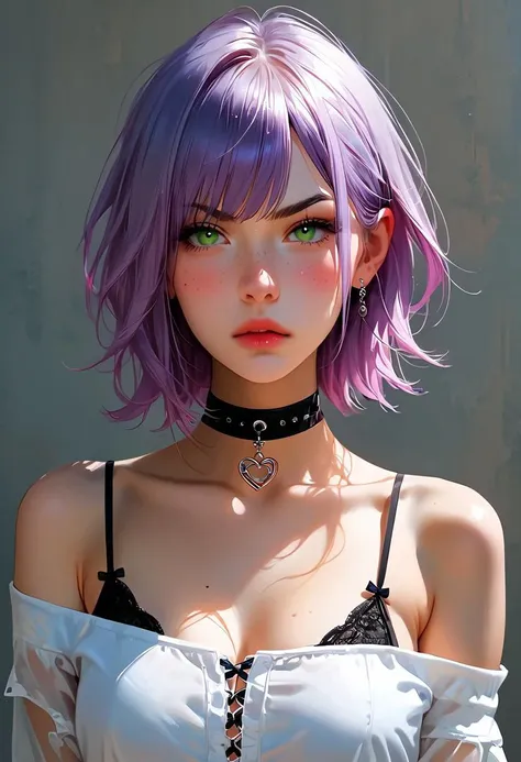 solo, female, tomboy, freckles, multi colored black and purple hair, medium hair, wolf cut hair, light green eyes, small plump breats, detailed, pretty, skinny girl, with slim body and, pale skin, cute, tomboy clothings, pouting pose, pouting, angry, blush...