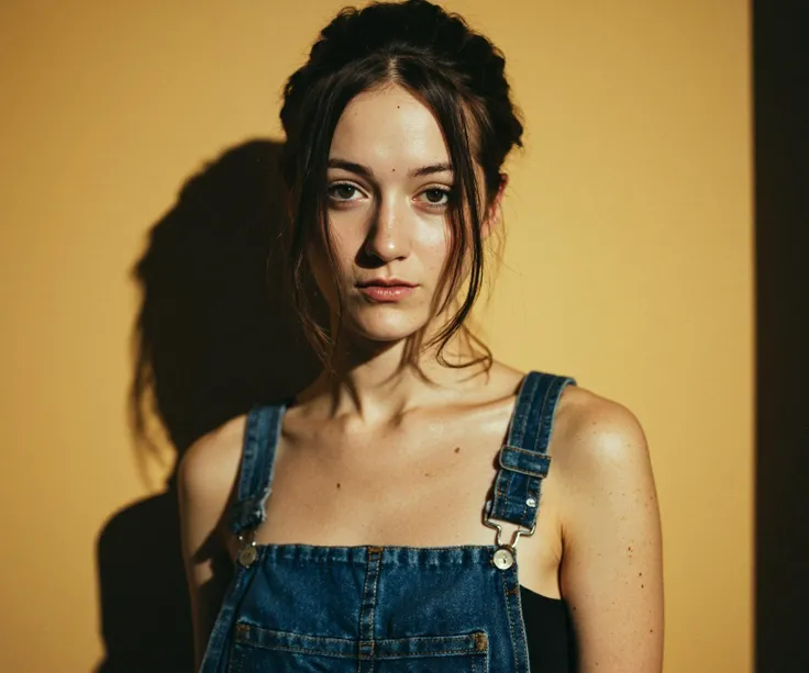 sidelit  texture  Close-Up Shot Photograph of  a girl wearing overalls poses for the camera, in the style of shiges visual aesthetic style, wavy, dark azure, minimalist beauty, slumped/draped, gongbi, frayed  , captured on a (Fujifilm X-Pro3) 