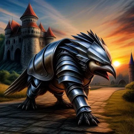 Masterpiece, best quality, 4k, yellow bird, fat, ((silver armor)), feral bird, angry, holding large steel weapon, ready for battle, destroyed castle background, sunrise,