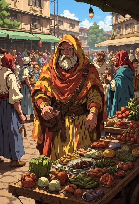 egmid, full body character portrait, in a bustling market square filled with merchants and buyers. The character is a traveling merchant with a colorful cloak and a cart of goods, offering a variety of exotic wares to a curious crowd.