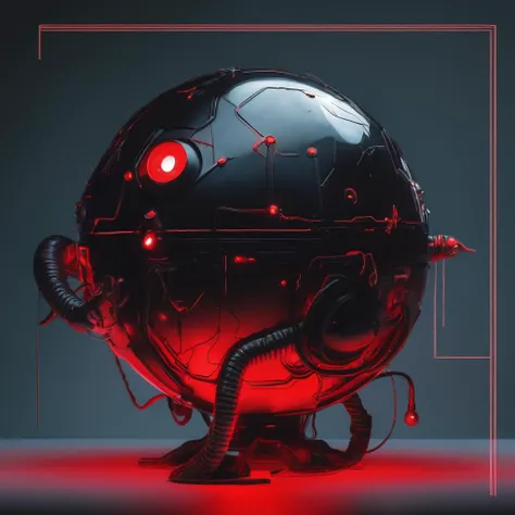 the cover art of rood magazine has a sphere, a worm, and a glowing red light, in the style of conceptual portraiture, made of rubber, futuristic robots, elina karimova, light black, technology-based art, oversized objects